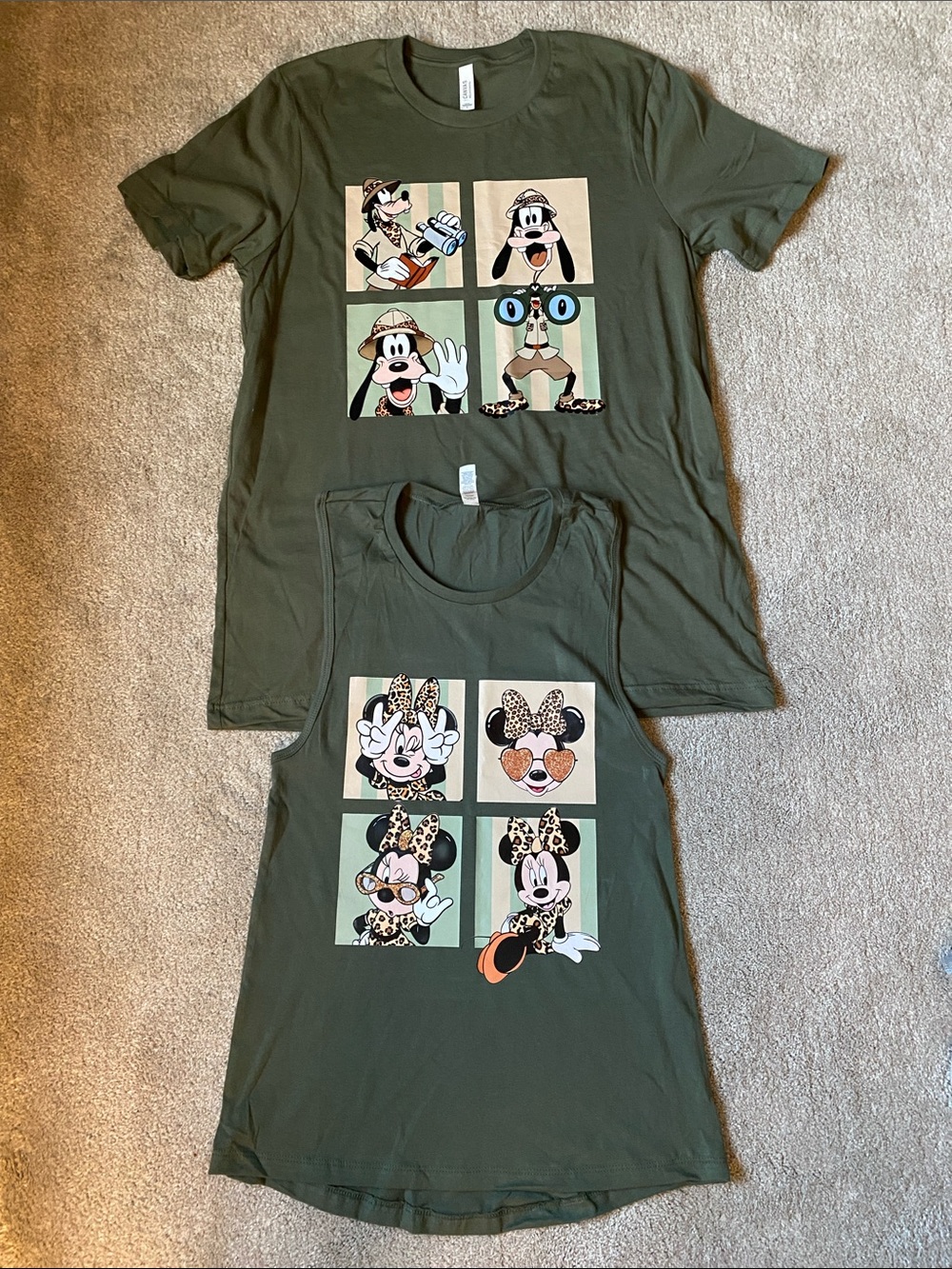 Set of Bella Canvas Olive Green Goofy & Minnie Graphic Mom S Tank & Dad L Tee